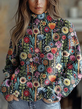 Women's Vintage Floral Art Print Knit Turtleneck Pullover Sweater